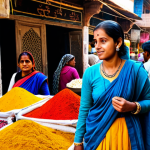 Exploring a Vibrant Market in India**

A fully clothed female traveler in modest clothing, observing a bustling market scene in Jaipur, India. The market is full of colorful textiles, spices, and local crafts. Vendors are interacting with customers. Capture the vibrant atmosphere and cultural richness. Perfect anatomy, correct proportions, well-formed hands. Safe for work, appropriate content, professional photography, family-friendly.

**