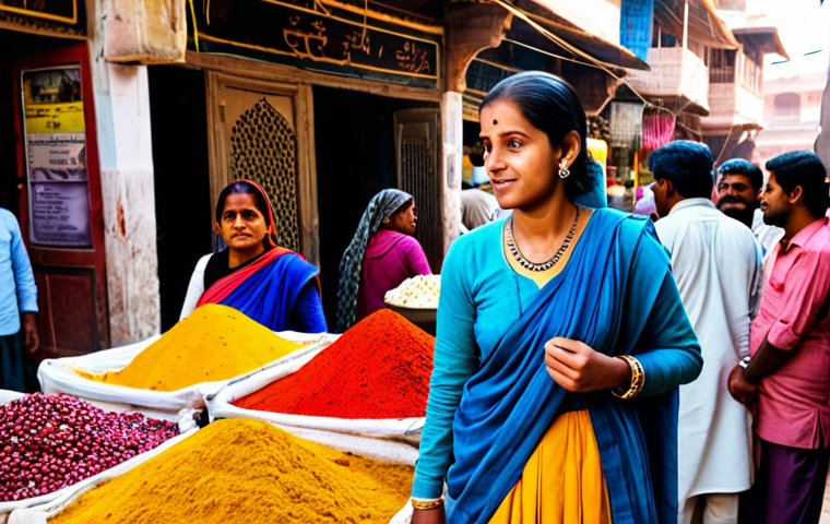 Exploring a Vibrant Market in India**
A fully clothed female traveler in modest clothing, observing a bustling market scene in Jaipur, India. The market is full of colorful textiles, spices, and local crafts. Vendors are interacting with customers. Capture the vibrant atmosphere and cultural richness. Perfect anatomy, correct proportions, well-formed hands. Safe for work, appropriate content, professional photography, family-friendly.
**