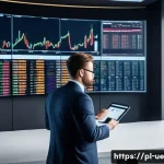 Home 22 투자자 행동에 미치는 외부 요인 분석 - A modern financial analyst in a sleek office overlooking Warsaw’s cityscape, surrounded by multiple ...