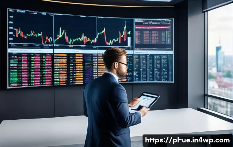 투자자 행동에 미치는 외부 요인 분석 - A modern financial analyst in a sleek office overlooking Warsaw’s cityscape, surrounded by multiple ...
