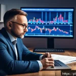 Home 21 행동재무학과 투자 성과의 관계 - A detailed digital illustration of a Polish investor at a modern desk, surrounded by multiple comput...