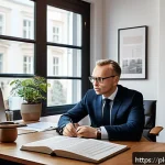 Home 19 행동재무학적 시각으로 바라본 투자자 행동 - A professional Polish investor sitting at a modern wooden desk in a cozy home office, surrounded by ...