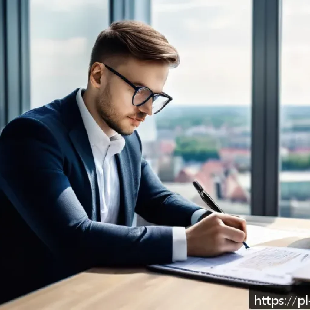 투자 결정을 위한 행동재무학적 툴킷 구축하기 - A modern office scene with a young European investor sitting at a sleek desk in Warsaw, Poland, wear...