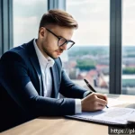 Home 18 투자 결정을 위한 행동재무학적 툴킷 구축하기 - A modern office scene with a young European investor sitting at a sleek desk in Warsaw, Poland, wear...