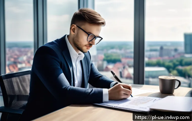 투자 결정을 위한 행동재무학적 툴킷 구축하기 - A modern office scene with a young European investor sitting at a sleek desk in Warsaw, Poland, wear...